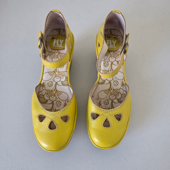 Fly London Yellow Leather Mary Jane Wedge Shoes Women Size 41 Comfort Cutout - Picture 3 of 15